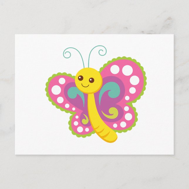 Cute Cartoon Butterfly, pink, yellow, green Postcard (Front)