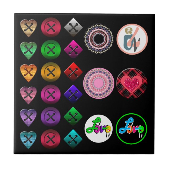 Cute cartoon buttons bright colourful black backgr ceramic tile (Front)