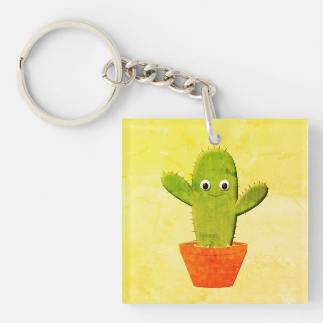 Cute Cartoon Cactus Painting Key Ring (Front)