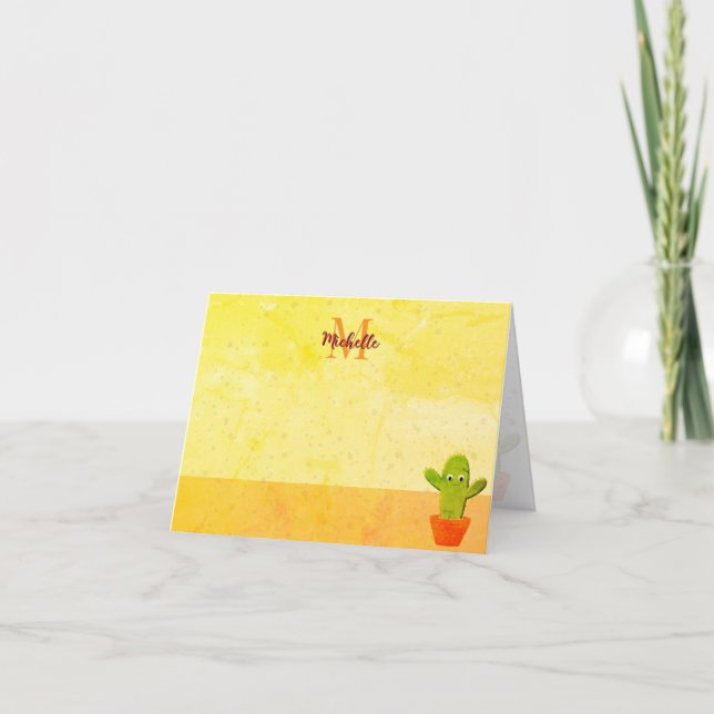 Cute Cartoon Cactus Painting Monogram Note Card (Front)