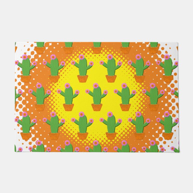 Cute Cartoon Cactus Pattern With Pink Flowers Doormat (Front)