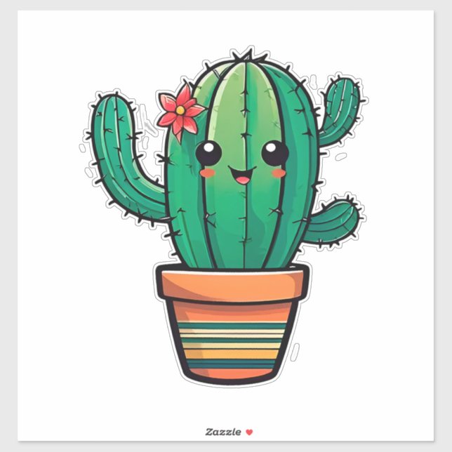 Cute Cartoon Cactus Plant in Pot With Flower  (Sheet)