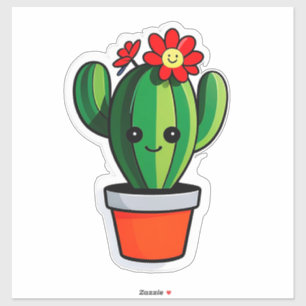 Cute Cartoon Cactus Plant in Pot With Flower