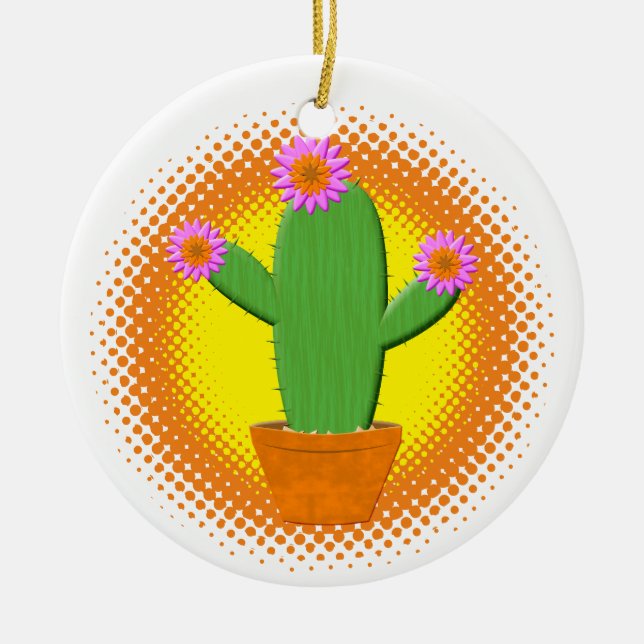 Cute Cartoon Cactus With Pink Flowers Christmas Ceramic Ornament (Front)
