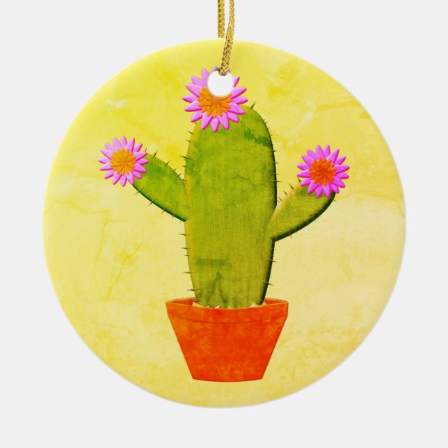 Cute Cartoon Cactus With Pink Flowers Christmas Ceramic Ornament (Front)