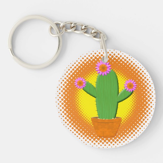 Cute Cartoon Cactus With Pink Flowers Key Ring (Front)