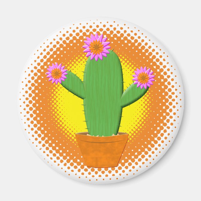 Cute Cartoon Cactus With Pink Flowers Magnet (Front)