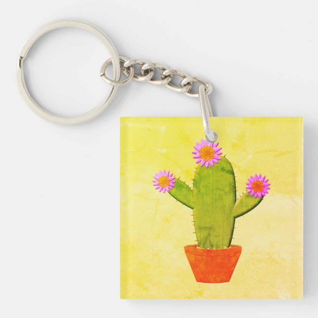 Cute Cartoon Cactus With Pink Flowers Painting Key Ring (Front)