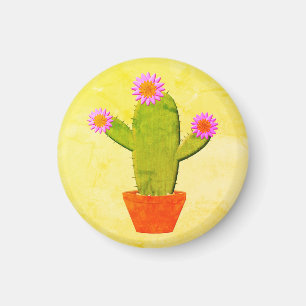 Cute Cartoon Cactus With Pink Flowers Painting Magnet