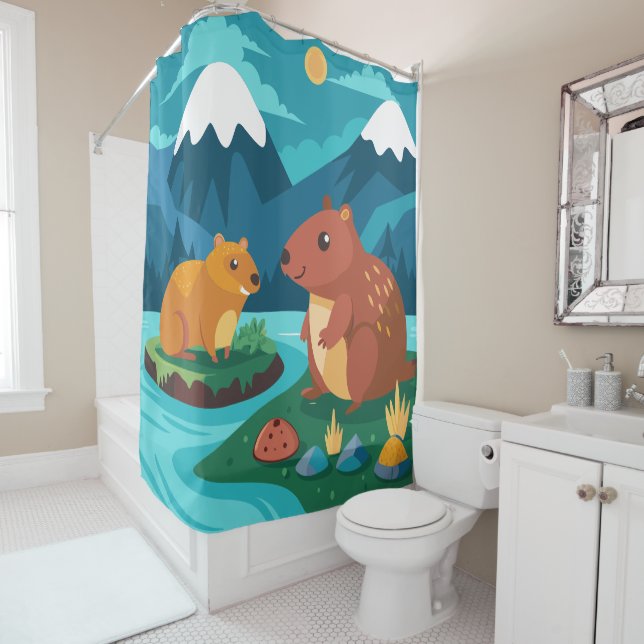 Cute Cartoon Capybara Shower Curtain (In Situ)