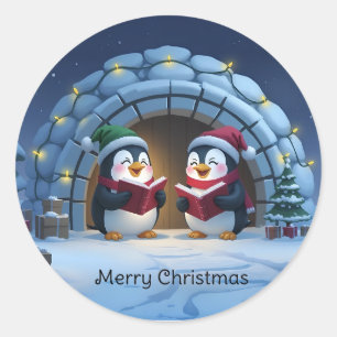 Cute Cartoon Caroling Penguins Classic Round Sticker