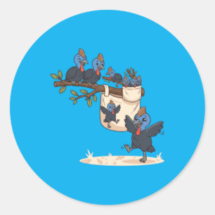 Cute Cartoon Cassowary Family Fun On Tree Classic Round Sticker