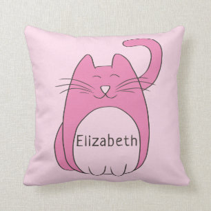 Cute Cartoon Cat Add Name Pink Cushion