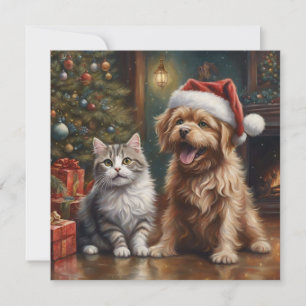 Cute Cartoon Cat and Dog Christmas  Holiday Card
