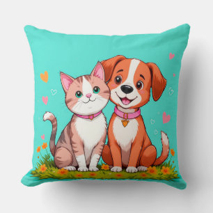 Cute Cartoon Cat and Dog Sitting Together Cushion