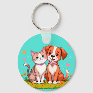 Cute Cartoon Cat and Dog Sitting Together Key Ring