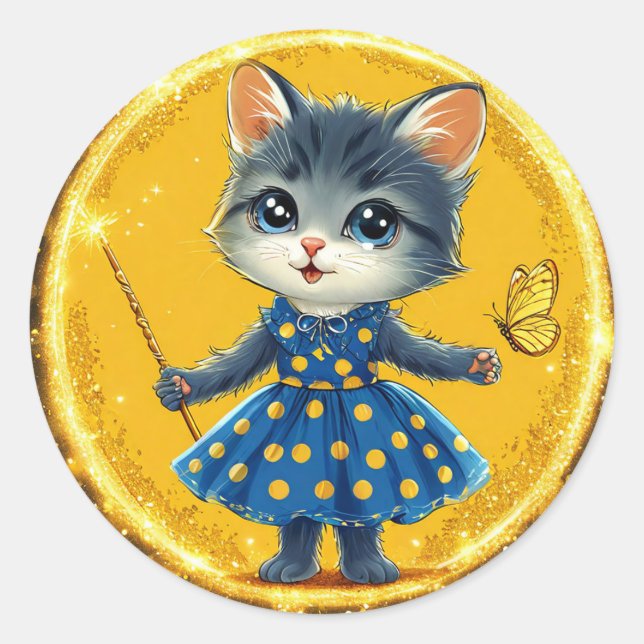 Cute cartoon cat classic round sticker (Front)