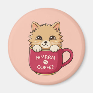 Cute Cartoon Cat Coffee Mug Pink Custom Text Magnet