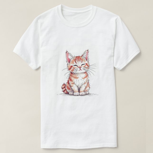 Cute Cartoon Cat Digital Illustration in Hand-Draw T-Shirt (Design Front)