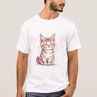 Cute Cartoon Cat Digital Illustration in Hand-Draw T-Shirt
