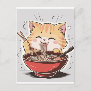 Cute Cartoon Cat Eating Noodles With Chinese Writi Holiday Postcard