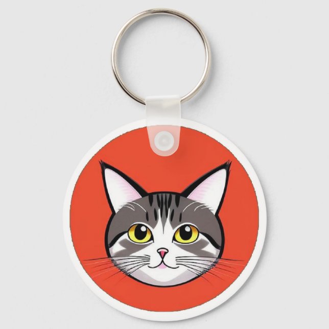 Cute Cartoon Cat Face With Bold Graphic Design Key Ring (Front)