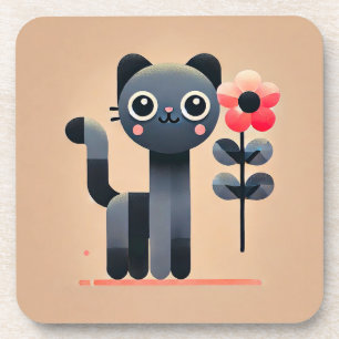 Cute Cartoon Cat Holding a Flower Coaster