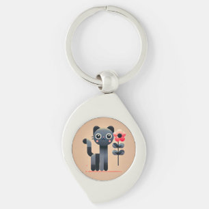 Cute Cartoon Cat Holding a Flower Key Ring