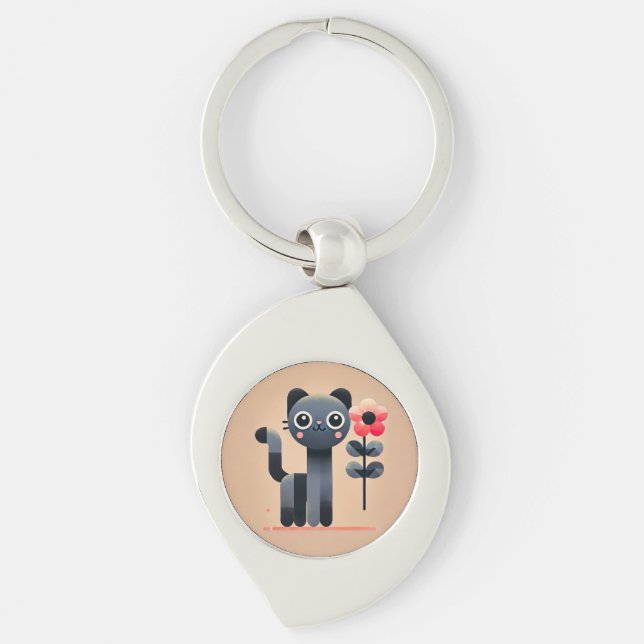 Cute Cartoon Cat Holding a Flower Key Ring (Front)