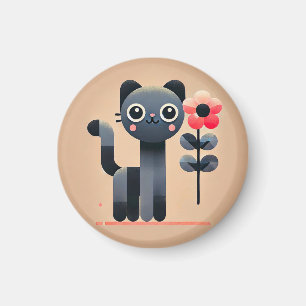 Cute Cartoon Cat Holding a Flower Magnet