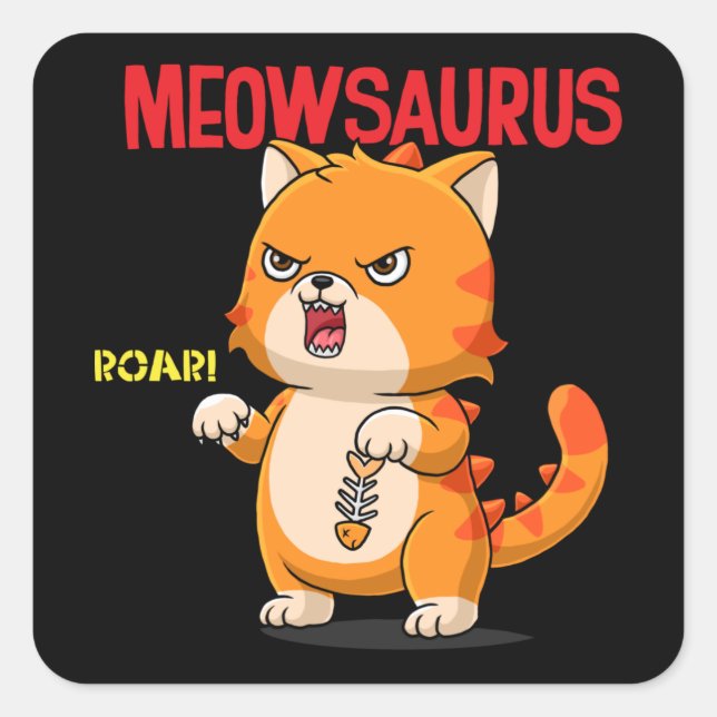 Cute cartoon cat holding fish square sticker (Front)