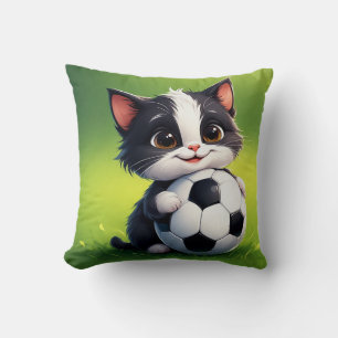 Cute Cartoon Cat Holding Soccer Ball Cushion