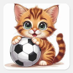 Cute Cartoon Cat Holding Soccer Ball Square Sticker