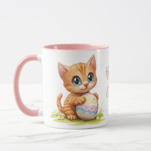 Cute Cartoon Cat Hugging Easter Egg Mug (Left)