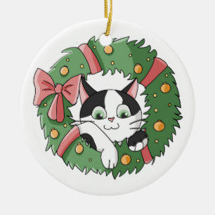 Cute Cartoon Cat in Christmas Wreath Ornament