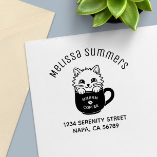 Cute Cartoon Cat in Coffee Mug Arch Address Self-inking Stamp