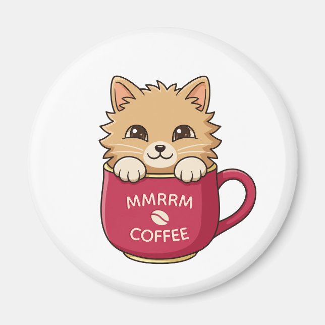Cute Cartoon Cat in Coffee Mug Custom Text Magnet (Front)