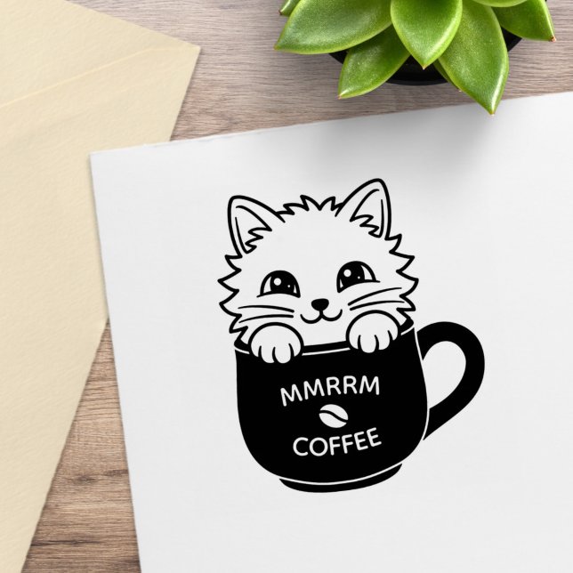 Cute Cartoon Cat in Coffee Mug Custom Text Rubber Stamp (Creator Uploaded)