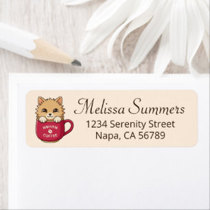 Cute Cartoon Cat in Coffee Mug on Beige Return Address Label