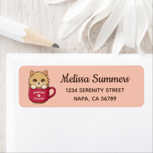 Cute Cartoon Cat in Coffee Mug on Pink Return Address Label