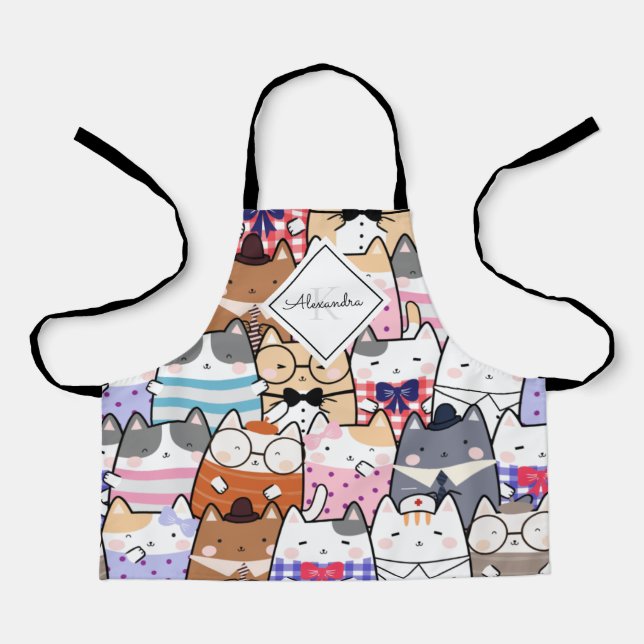 Cute Cartoon Cat Kitten Pattern Monogram Girl Name Apron (Front)