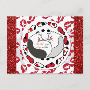Cute Cartoon Cat Love Red Glitter Postcard