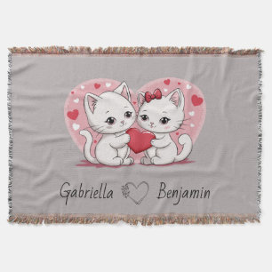 Cute Cartoon Cat Lovers Heart Valentine’s Day Throw Blanket