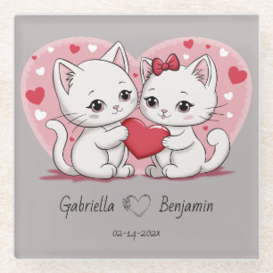 Cute Cartoon Cat Lovers Hearts Valentine’s Day Glass Coaster