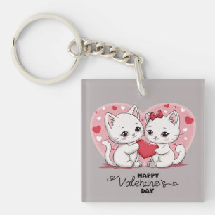 Cute Cartoon Cat Lovers Hearts Valentine’s Day Key Ring