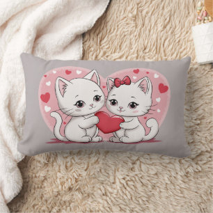 Cute Cartoon Cat Lovers Hearts Valentine’s Day Lumbar Cushion