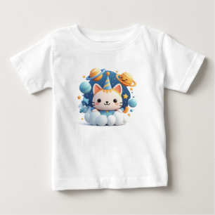 Cute Cartoon Cat On Cloud With Party Hat Baby T-Shirt