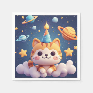 Cute Cartoon Cat On Cloud With Party Hat Napkin