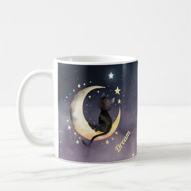 Cute Cartoon Cat on Moon Coffee Mug (Left)