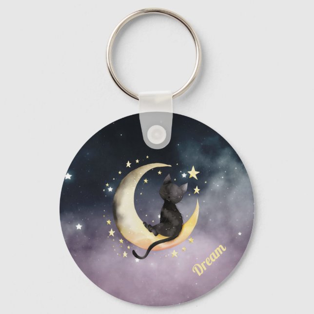 Cute Cartoon Cat on Moon Key Ring (Front)